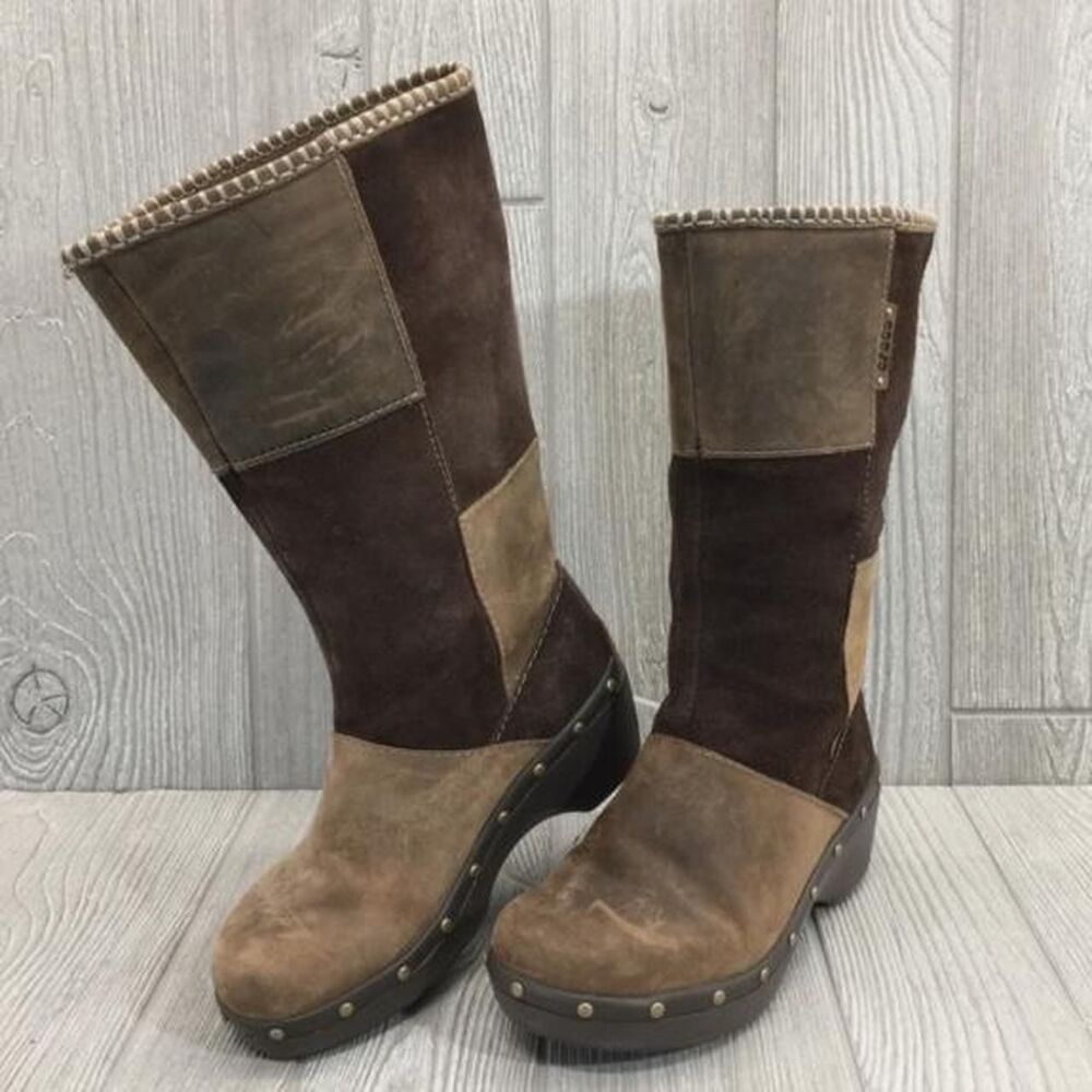 CROCS Y2K BROWN PATCHWORK SUEDE PLATFORM BOOTS